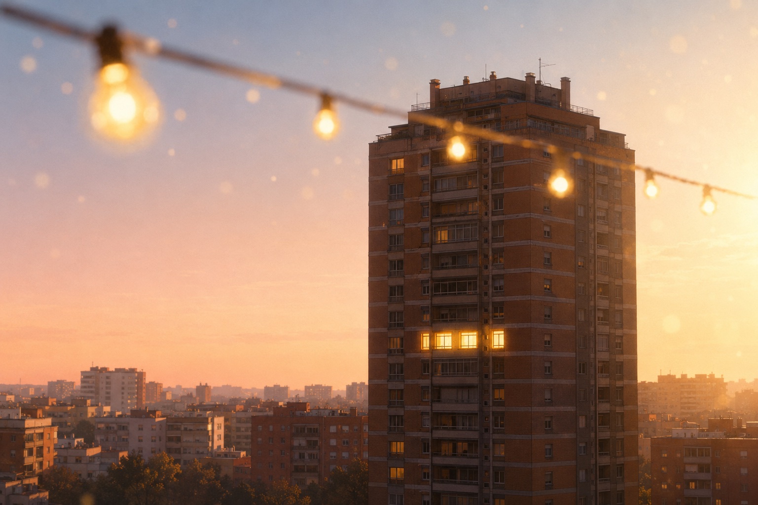 Amanecer cálido sobre una torre de Aluche con guirnalda de luces francesas en primer plano