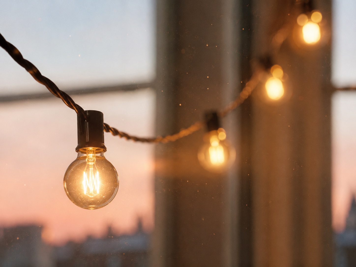 Bombillas cálidas tipo bistró francés con bokeh dorado junto a una ventana al amanecer