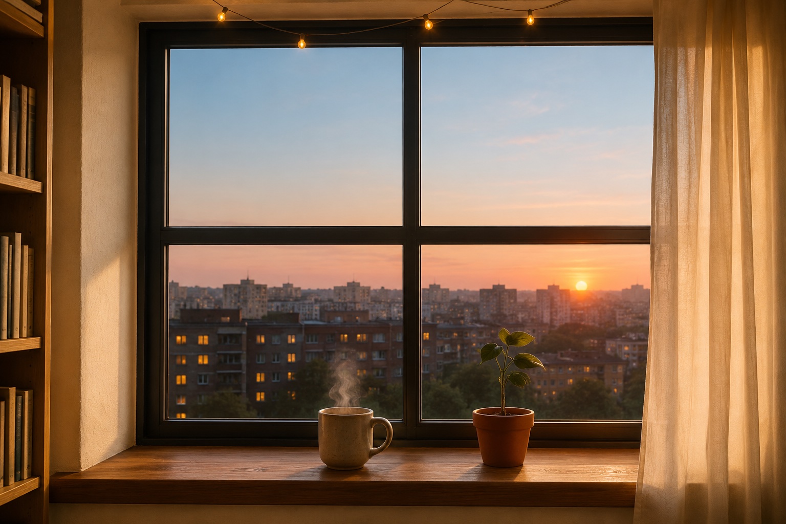 Ventana de un piso octavo con vistas al skyline de Aluche al amanecer, café humeante en el alféizar
