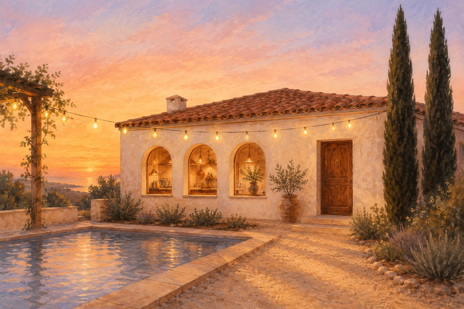 Villa mediterránea soñada al atardecer con piscina, cipreses y guirnalda de luces francesas